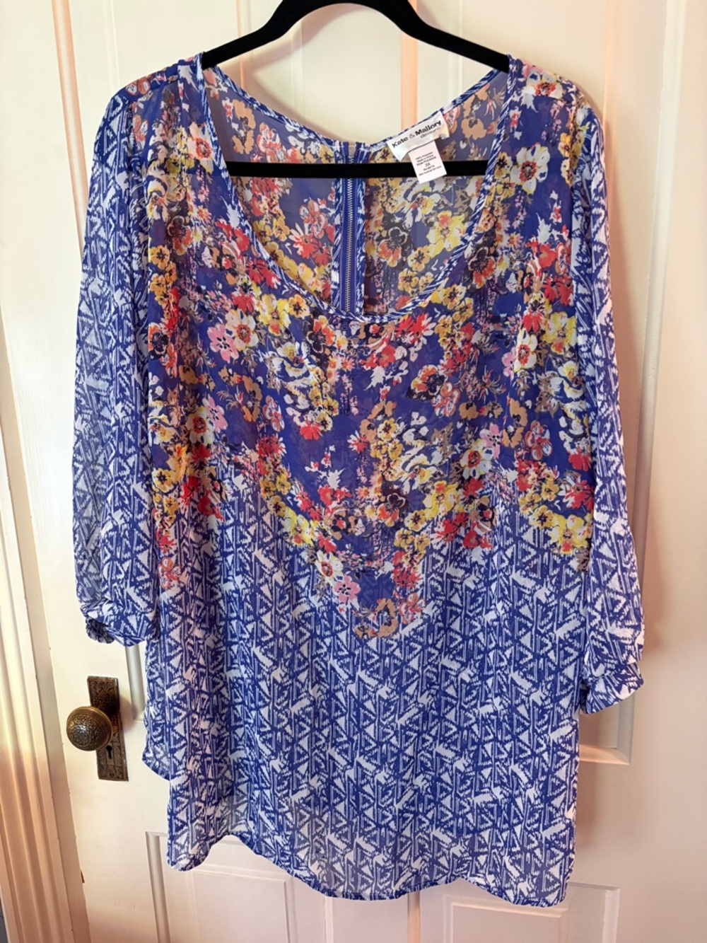 Kate & Mallory Blue-Purple Floral Chiffon Top with Yellow & Pink Blooms